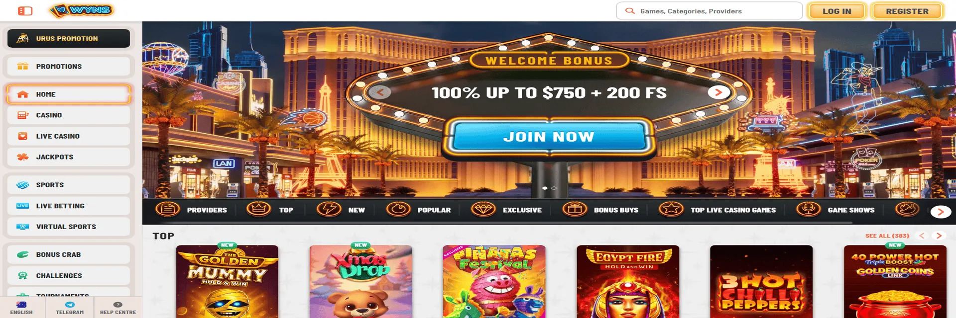 Interface of Instant Casino showcasing game lobby